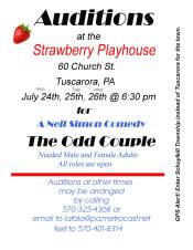 7-24, 25, 26-2017, Auditions for The Odd Couple, at Strawberry Playhouse, Tuscarora