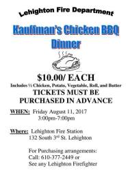 8-11-2017, Chicken BBQ Dinner, (Tickets must be bought in advance), at Lehighton Fire Station, Lehighton