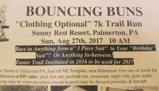 8-27-2017, Bouncing Buns, Clothing Optional, 7K Trail Run, Sunny Rest Resort, Palmerton