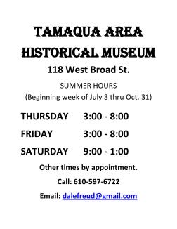 Tamaqua Historical Society Museum Summer Hours